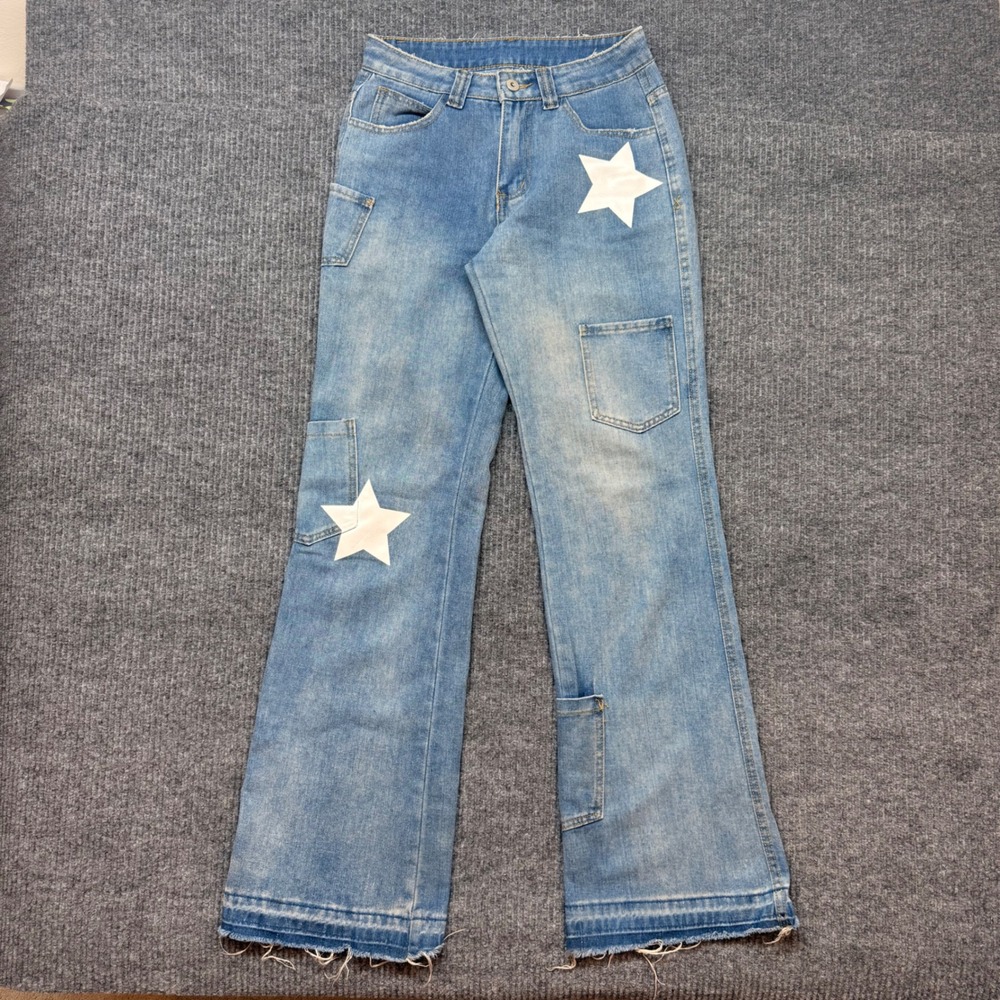 Womens Y2K Star Patch Flare Jeans Small Blue Carpenter Utility Raw Hem Denim